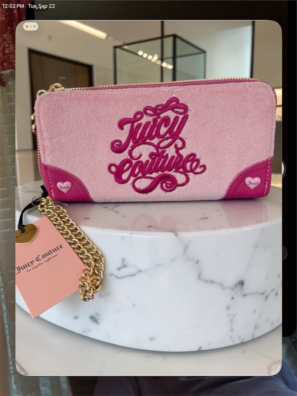 Juicy Couture Pink Suede Zip-Around Wallet or Wristlet with Gold Chain